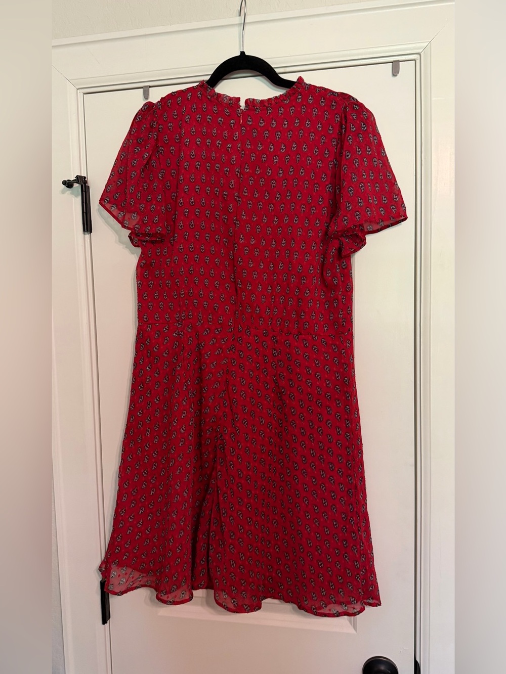 LOFT Red Printed Midi Dress with Puff Sleeves